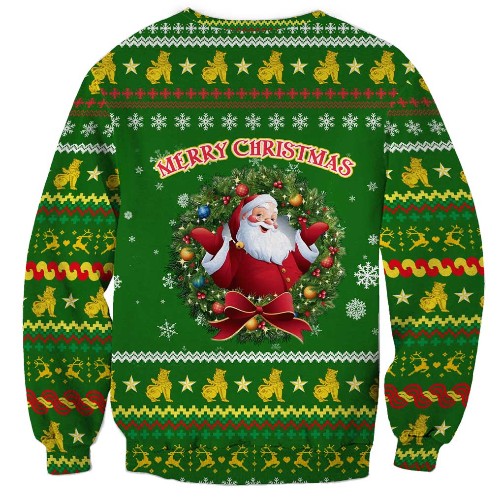 Myanmar Christmas Sweatshirt with Green-Gold Theme, Chinthe Lion, and Santa Motif - Wonder Print Shop