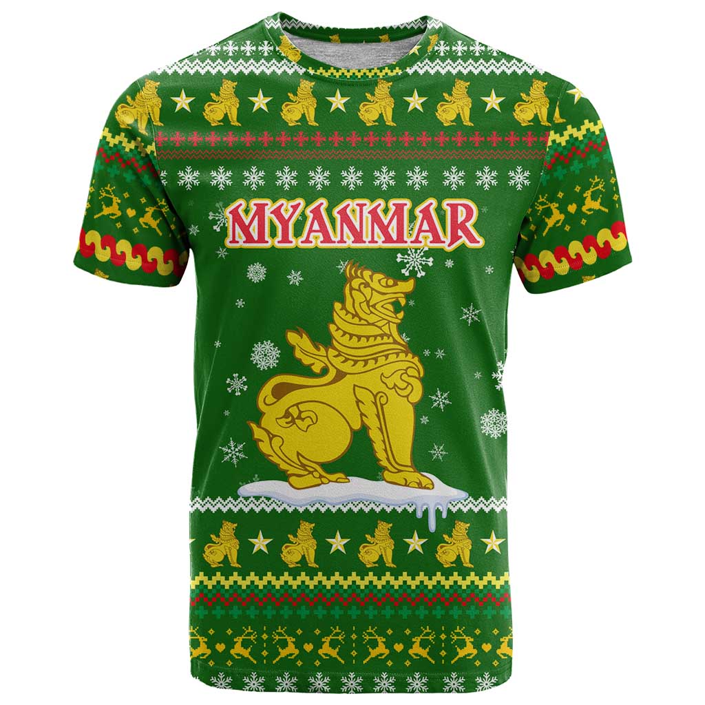 Myanmar Christmas T Shirt with Green-Gold Theme, Chinthe Lion, and Santa Motif - Wonder Print Shop