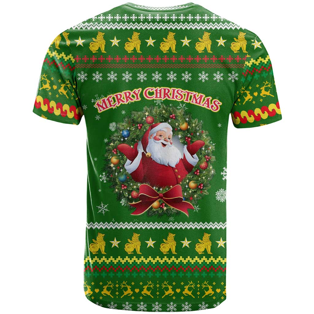 Myanmar Christmas T Shirt with Green-Gold Theme, Chinthe Lion, and Santa Motif - Wonder Print Shop
