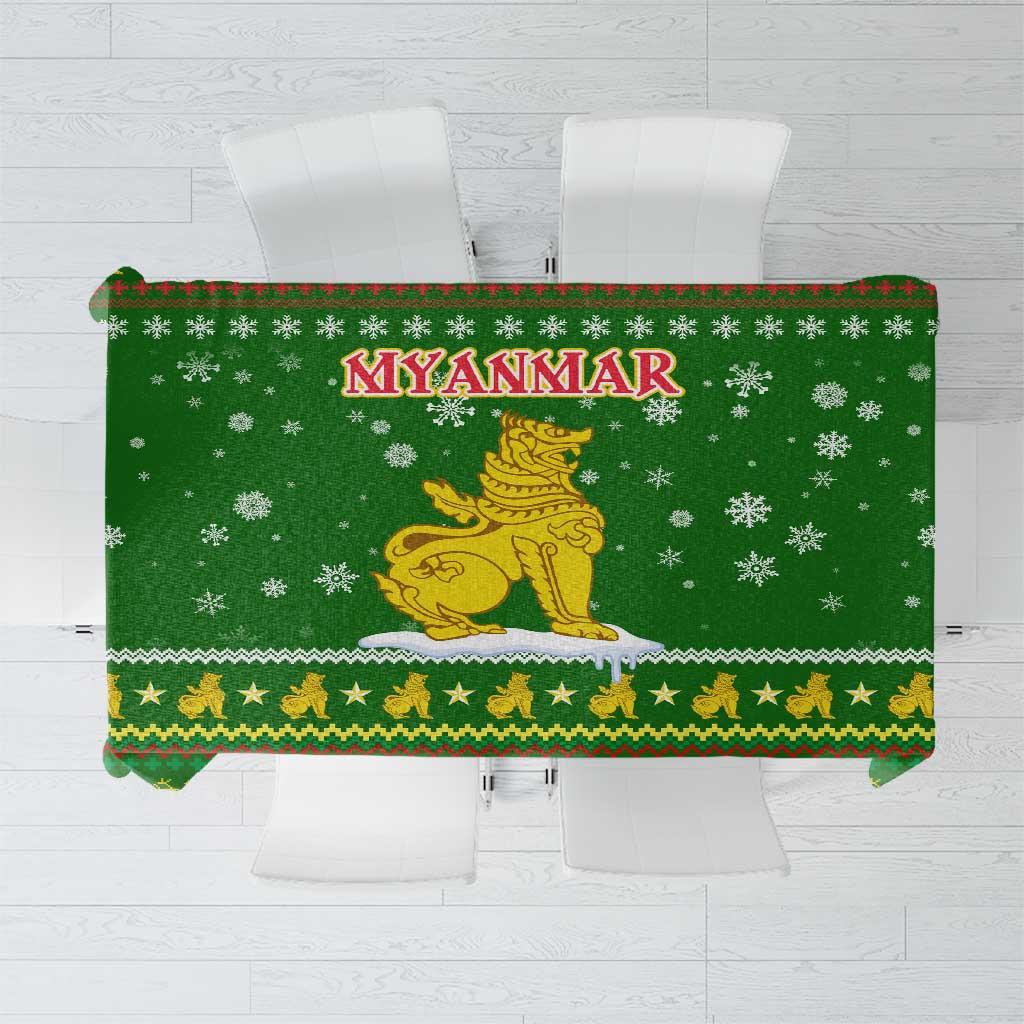 Myanmar Christmas Tablecloth with Green-Gold Theme, Chinthe Lion, and Santa Motif - Wonder Print Shop