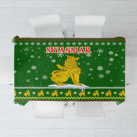 Myanmar Christmas Tablecloth with Green-Gold Theme, Chinthe Lion, and Santa Motif - Wonder Print Shop