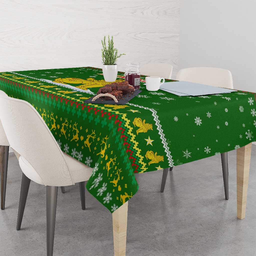 Myanmar Christmas Tablecloth with Green-Gold Theme, Chinthe Lion, and Santa Motif - Wonder Print Shop