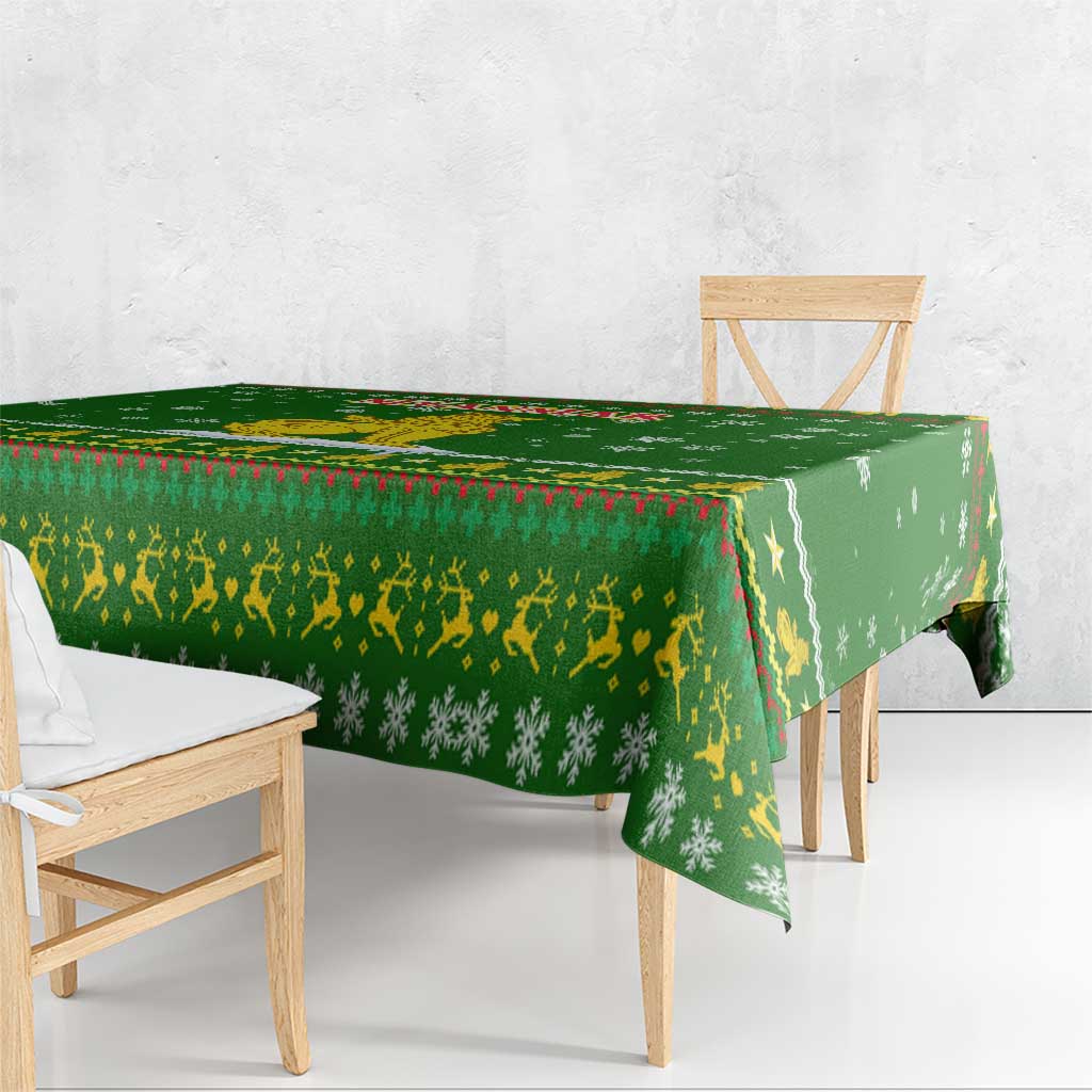 Myanmar Christmas Tablecloth with Green-Gold Theme, Chinthe Lion, and Santa Motif - Wonder Print Shop