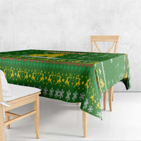 Myanmar Christmas Tablecloth with Green-Gold Theme, Chinthe Lion, and Santa Motif - Wonder Print Shop