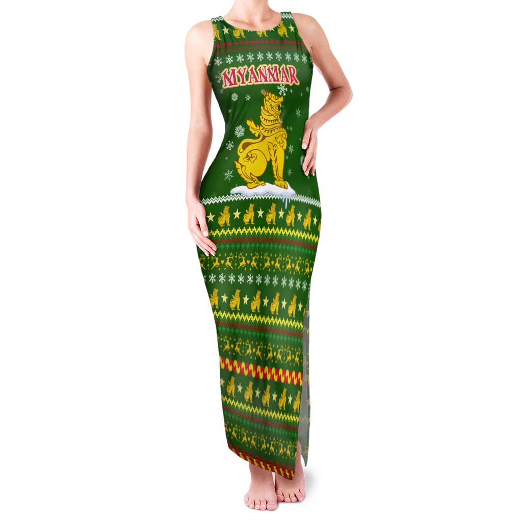 Myanmar Christmas Tank Maxi Dress with Green-Gold Theme, Chinthe Lion, and Santa Motif - Wonder Print Shop