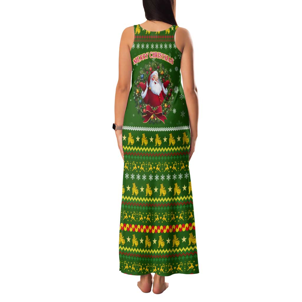 Myanmar Christmas Tank Maxi Dress with Green-Gold Theme, Chinthe Lion, and Santa Motif - Wonder Print Shop
