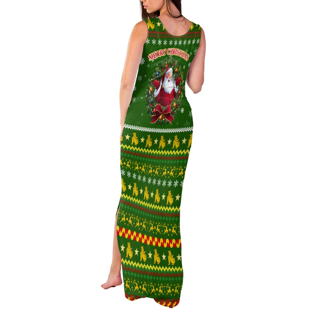 Myanmar Christmas Tank Maxi Dress with Green-Gold Theme, Chinthe Lion, and Santa Motif - Wonder Print Shop