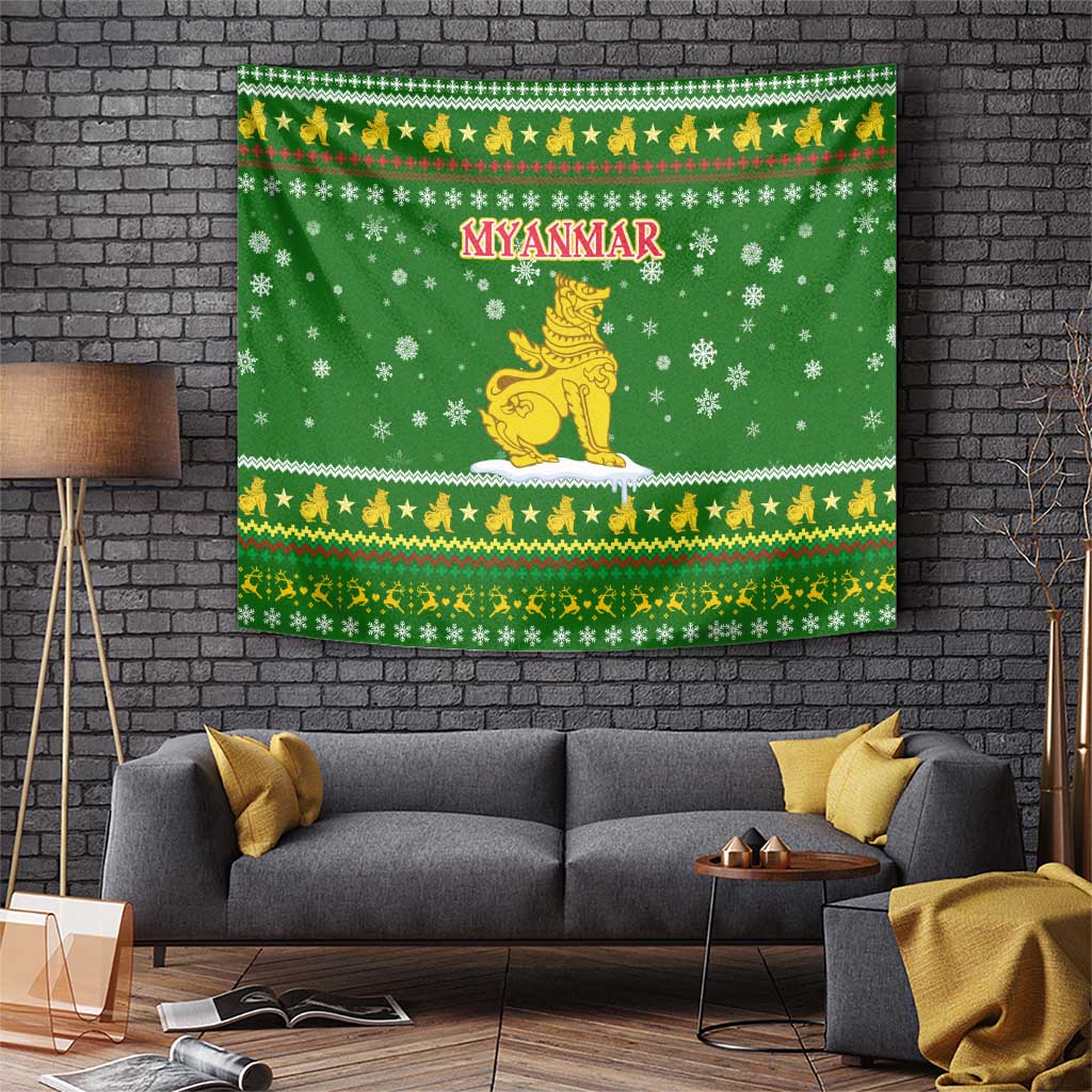 Myanmar Christmas Tapestry with Green-Gold Theme, Chinthe Lion, and Santa Motif - Wonder Print Shop