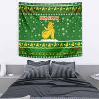 Myanmar Christmas Tapestry with Green-Gold Theme, Chinthe Lion, and Santa Motif - Wonder Print Shop