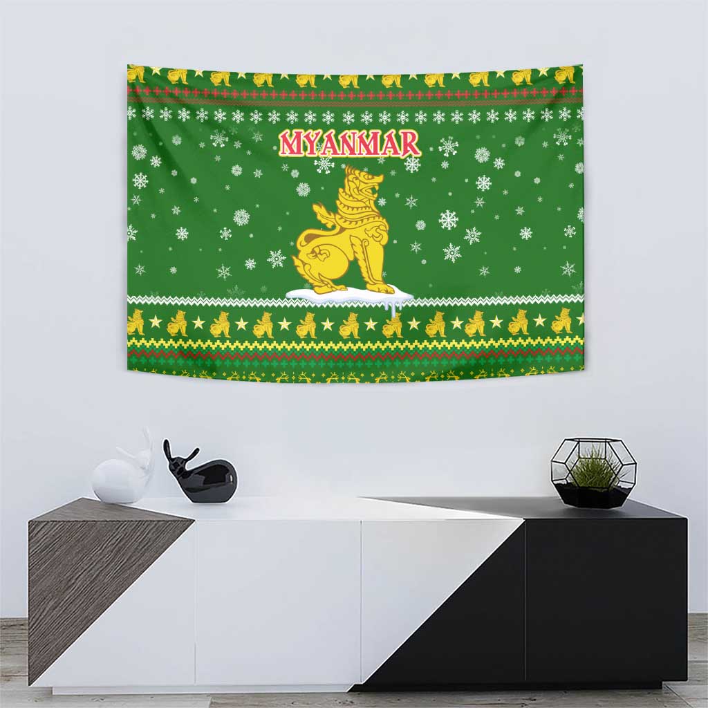 Myanmar Christmas Tapestry with Green-Gold Theme, Chinthe Lion, and Santa Motif - Wonder Print Shop