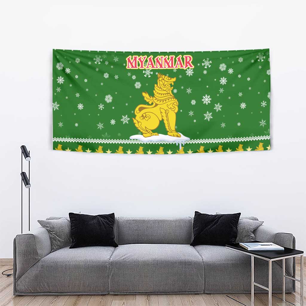 Myanmar Christmas Tapestry with Green-Gold Theme, Chinthe Lion, and Santa Motif - Wonder Print Shop