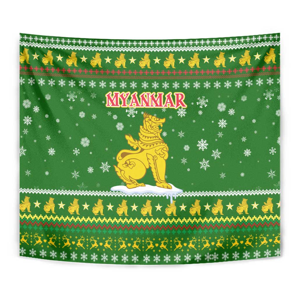 Myanmar Christmas Tapestry with Green-Gold Theme, Chinthe Lion, and Santa Motif - Wonder Print Shop