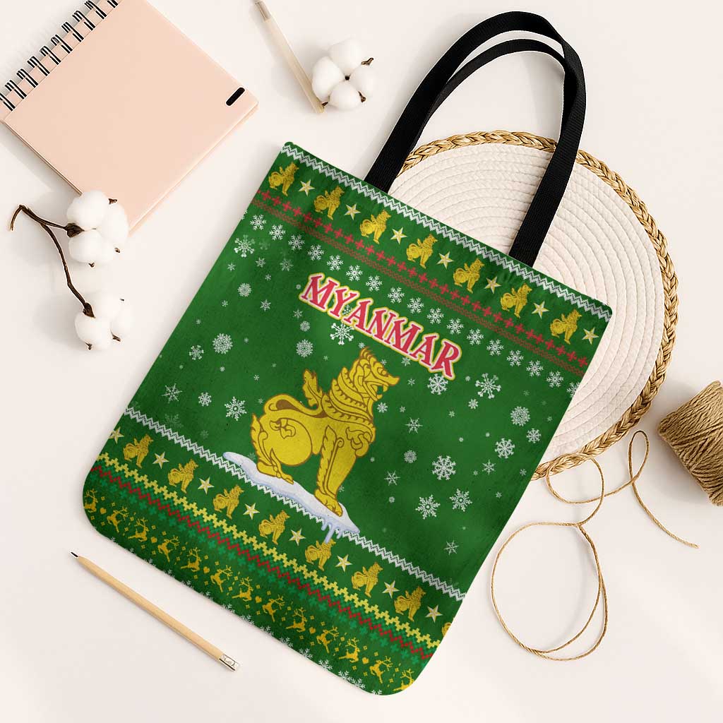 Myanmar Christmas Tote Bag with Green-Gold Theme, Chinthe Lion, and Santa Motif - Wonder Print Shop