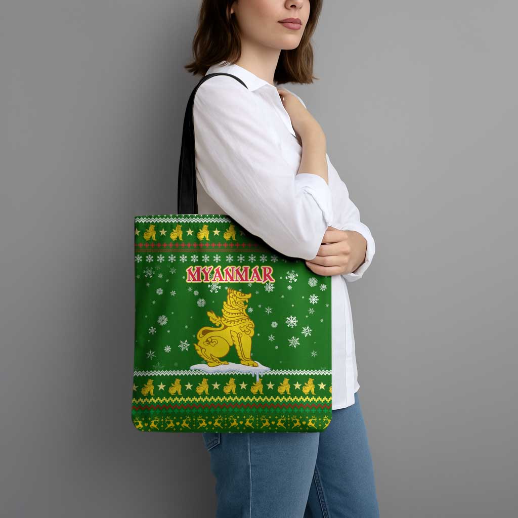 Myanmar Christmas Tote Bag with Green-Gold Theme, Chinthe Lion, and Santa Motif - Wonder Print Shop