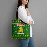 Myanmar Christmas Tote Bag with Green-Gold Theme, Chinthe Lion, and Santa Motif - Wonder Print Shop