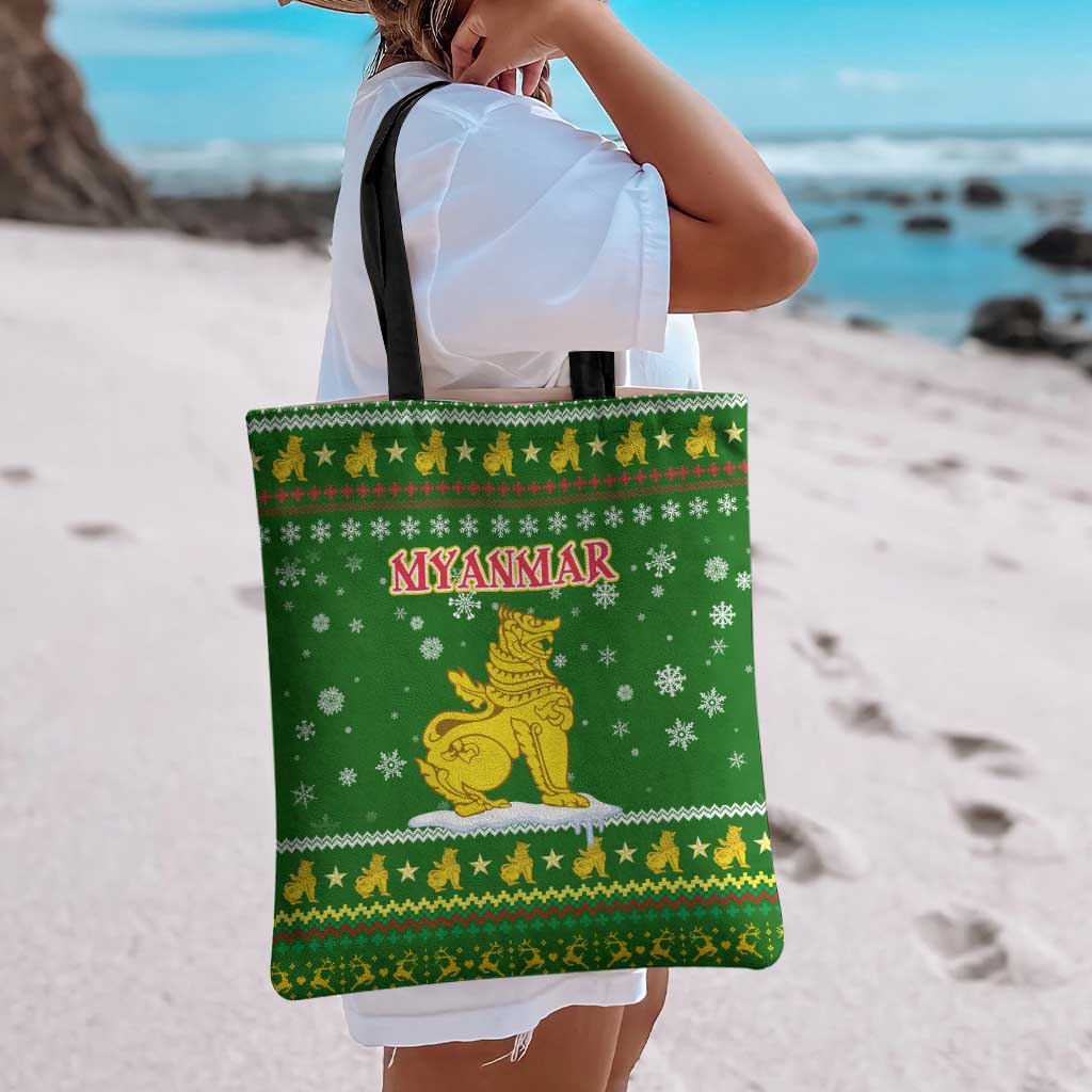 Myanmar Christmas Tote Bag with Green-Gold Theme, Chinthe Lion, and Santa Motif - Wonder Print Shop