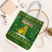 Myanmar Christmas Tote Bag with Green-Gold Theme, Chinthe Lion, and Santa Motif - Wonder Print Shop