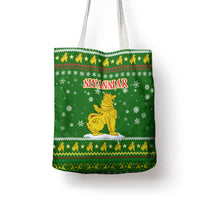 Myanmar Christmas Tote Bag with Green-Gold Theme, Chinthe Lion, and Santa Motif - Wonder Print Shop