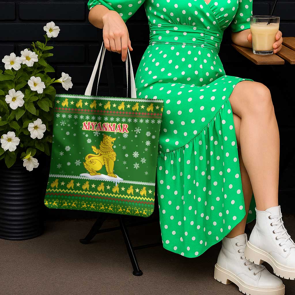 Myanmar Christmas Tote Bag with Green-Gold Theme, Chinthe Lion, and Santa Motif - Wonder Print Shop