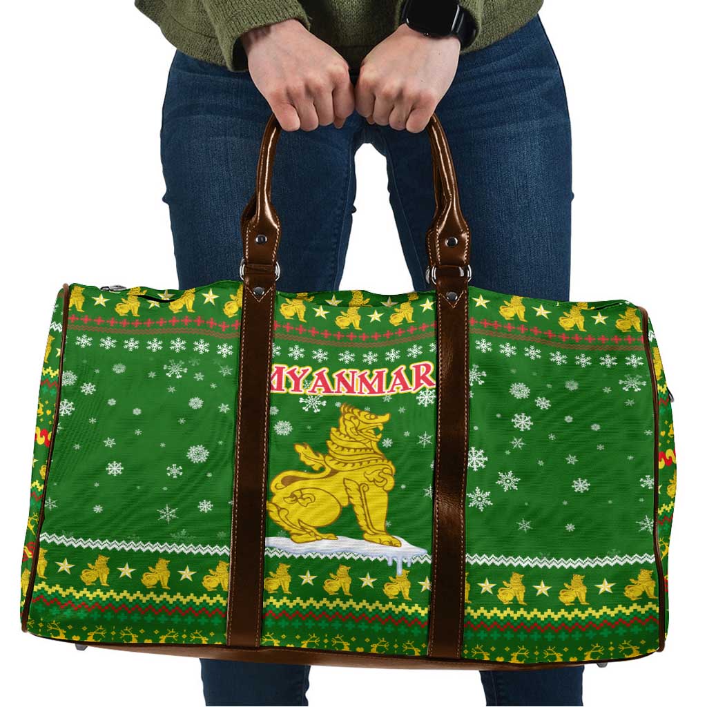 Myanmar Christmas Travel Bag with Green-Gold Theme, Chinthe Lion, and Santa Motif - Wonder Print Shop