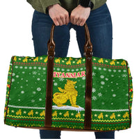 Myanmar Christmas Travel Bag with Green-Gold Theme, Chinthe Lion, and Santa Motif - Wonder Print Shop