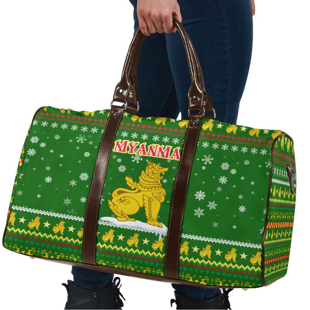 Myanmar Christmas Travel Bag with Green-Gold Theme, Chinthe Lion, and Santa Motif - Wonder Print Shop