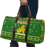 Myanmar Christmas Travel Bag with Green-Gold Theme, Chinthe Lion, and Santa Motif - Wonder Print Shop