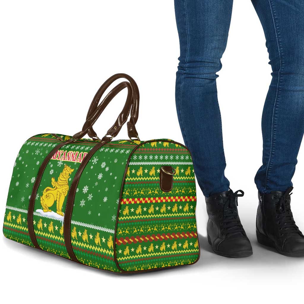 Myanmar Christmas Travel Bag with Green-Gold Theme, Chinthe Lion, and Santa Motif - Wonder Print Shop