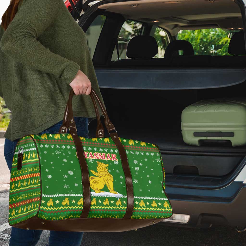 Myanmar Christmas Travel Bag with Green-Gold Theme, Chinthe Lion, and Santa Motif - Wonder Print Shop