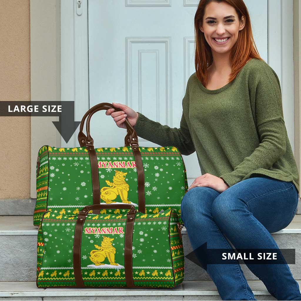 Myanmar Christmas Travel Bag with Green-Gold Theme, Chinthe Lion, and Santa Motif - Wonder Print Shop