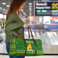Myanmar Christmas Travel Bag with Green-Gold Theme, Chinthe Lion, and Santa Motif - Wonder Print Shop