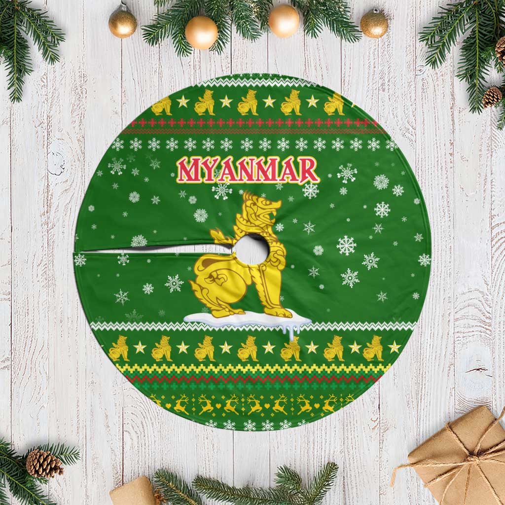 Myanmar Christmas Tree Skirt with Green-Gold Theme, Chinthe Lion, and Santa Motif - Wonder Print Shop