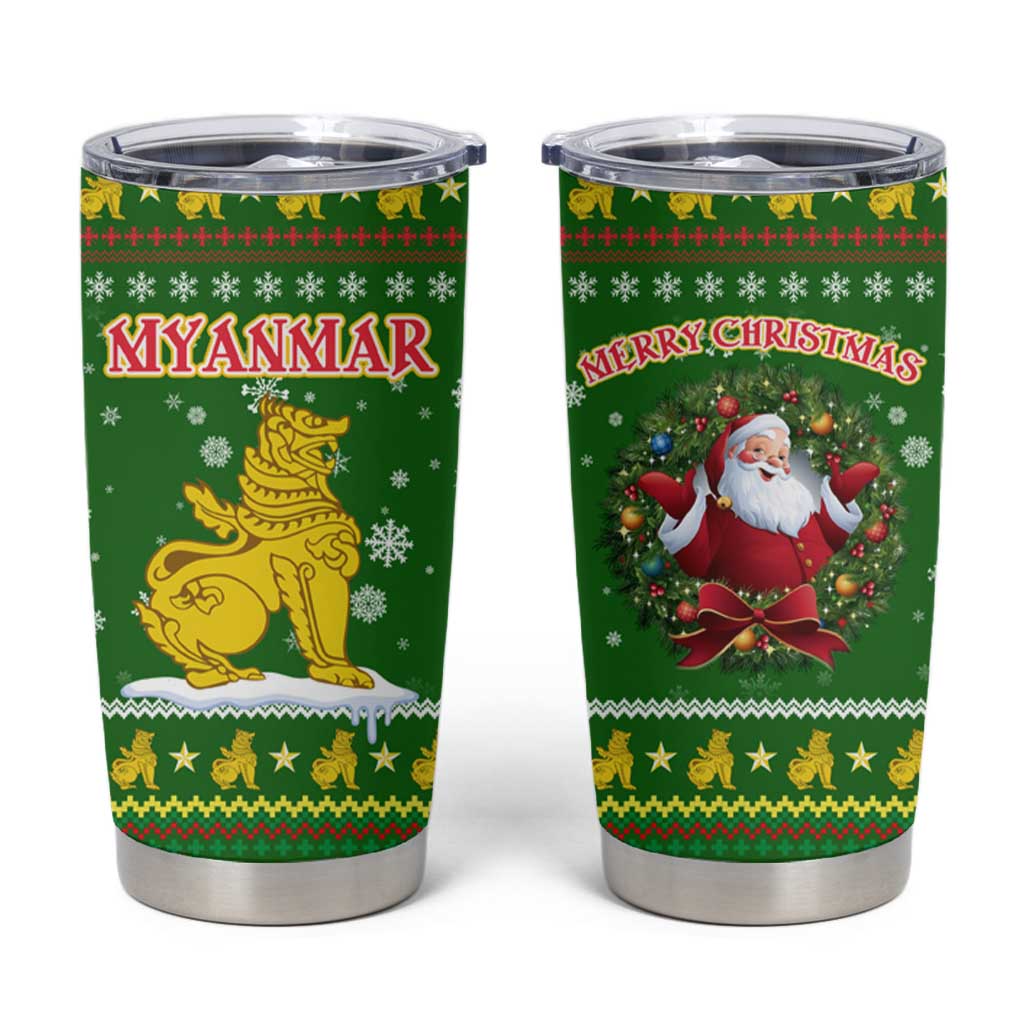 Myanmar Christmas Tumbler Cup with Green-Gold Theme, Chinthe Lion, and Santa Motif - Wonder Print Shop