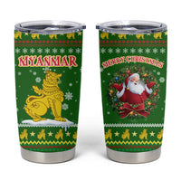 Myanmar Christmas Tumbler Cup with Green-Gold Theme, Chinthe Lion, and Santa Motif - Wonder Print Shop