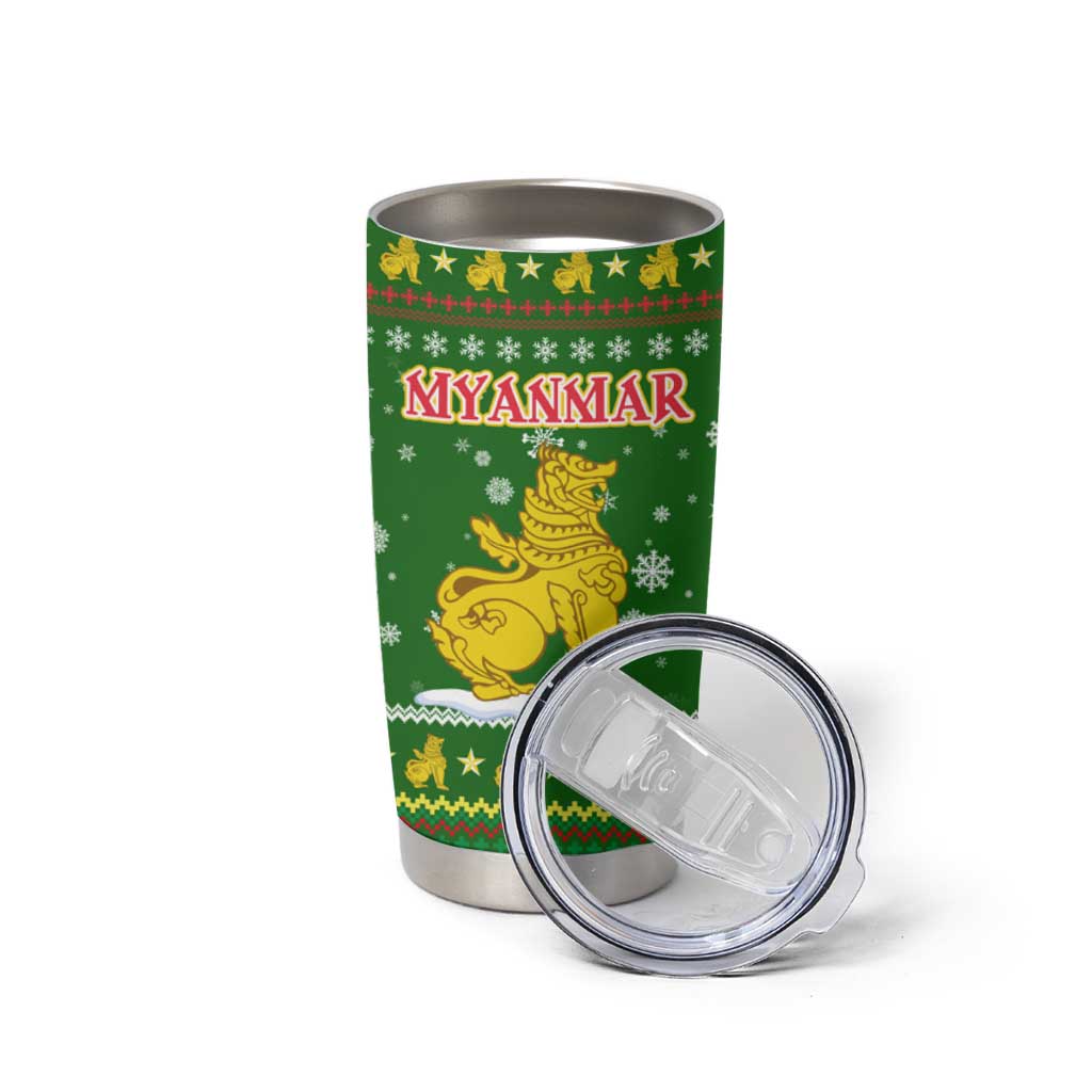 Myanmar Christmas Tumbler Cup with Green-Gold Theme, Chinthe Lion, and Santa Motif - Wonder Print Shop