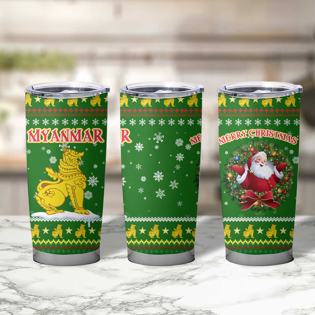 Myanmar Christmas Tumbler Cup with Green-Gold Theme, Chinthe Lion, and Santa Motif - Wonder Print Shop
