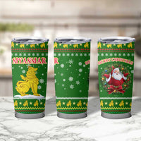 Myanmar Christmas Tumbler Cup with Green-Gold Theme, Chinthe Lion, and Santa Motif - Wonder Print Shop
