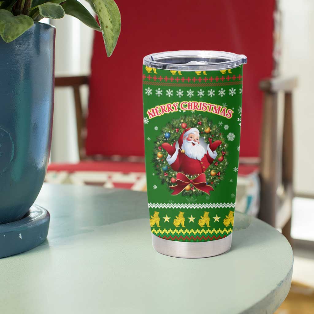 Myanmar Christmas Tumbler Cup with Green-Gold Theme, Chinthe Lion, and Santa Motif - Wonder Print Shop