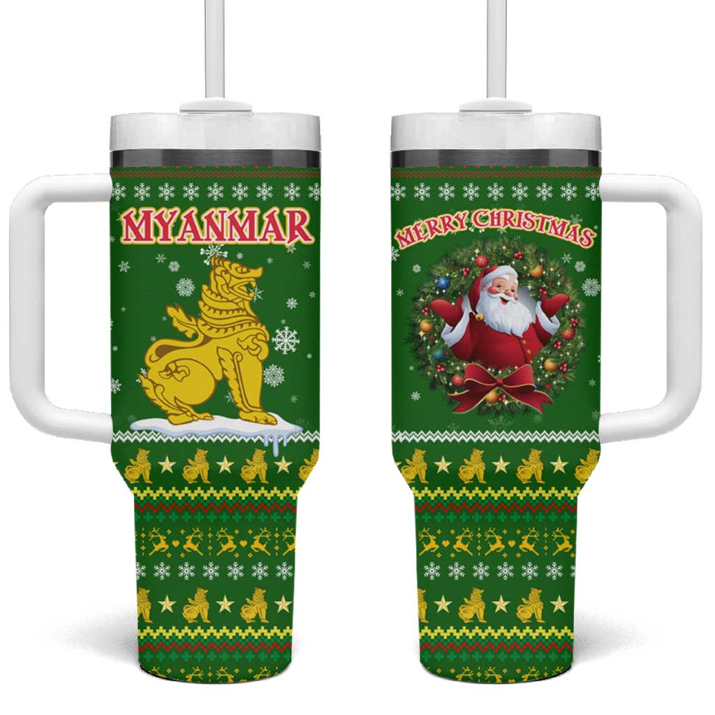 Myanmar Christmas Tumbler With Handle with Green-Gold Theme, Chinthe Lion, and Santa Motif - Wonder Print Shop