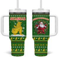 Myanmar Christmas Tumbler With Handle with Green-Gold Theme, Chinthe Lion, and Santa Motif - Wonder Print Shop