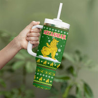 Myanmar Christmas Tumbler With Handle with Green-Gold Theme, Chinthe Lion, and Santa Motif - Wonder Print Shop