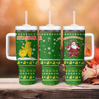 Myanmar Christmas Tumbler With Handle with Green-Gold Theme, Chinthe Lion, and Santa Motif - Wonder Print Shop