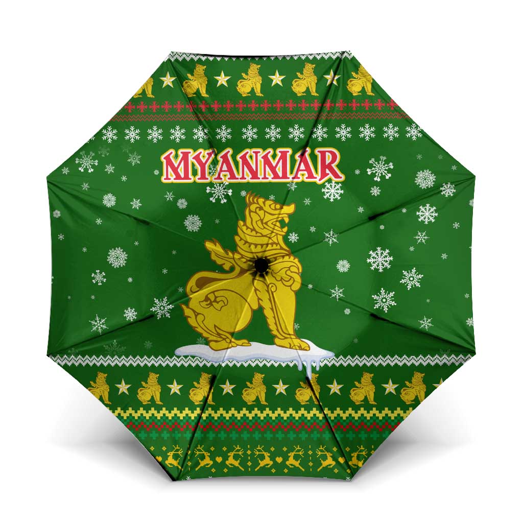 Myanmar Christmas Umbrella with Green-Gold Theme, Chinthe Lion, and Santa Motif - Wonder Print Shop