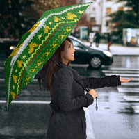 Myanmar Christmas Umbrella with Green-Gold Theme, Chinthe Lion, and Santa Motif - Wonder Print Shop