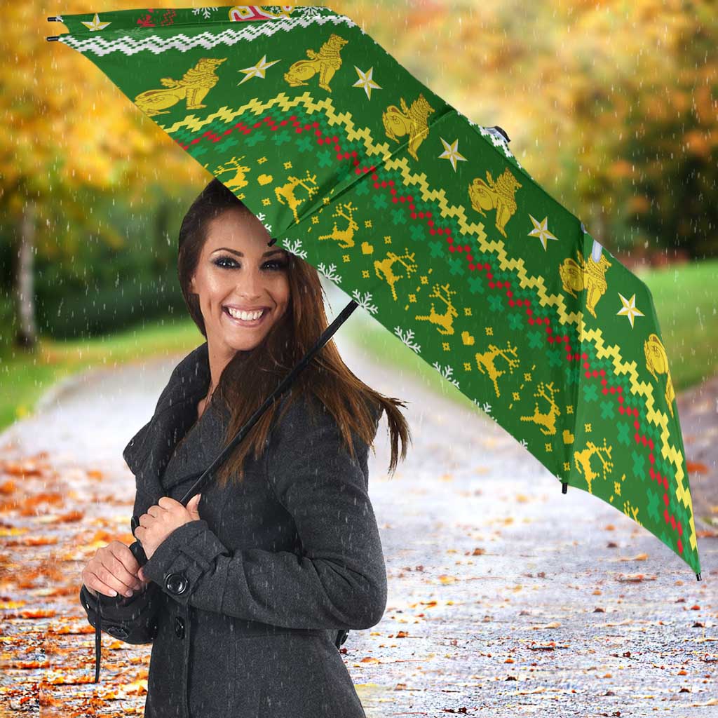 Myanmar Christmas Umbrella with Green-Gold Theme, Chinthe Lion, and Santa Motif - Wonder Print Shop