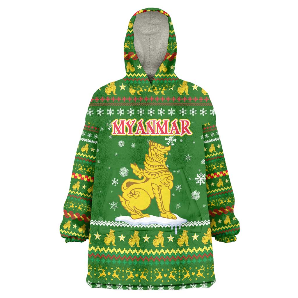 Myanmar Christmas Wearable Blanket Hoodie with Green-Gold Theme, Chinthe Lion, and Santa Motif - Wonder Print Shop