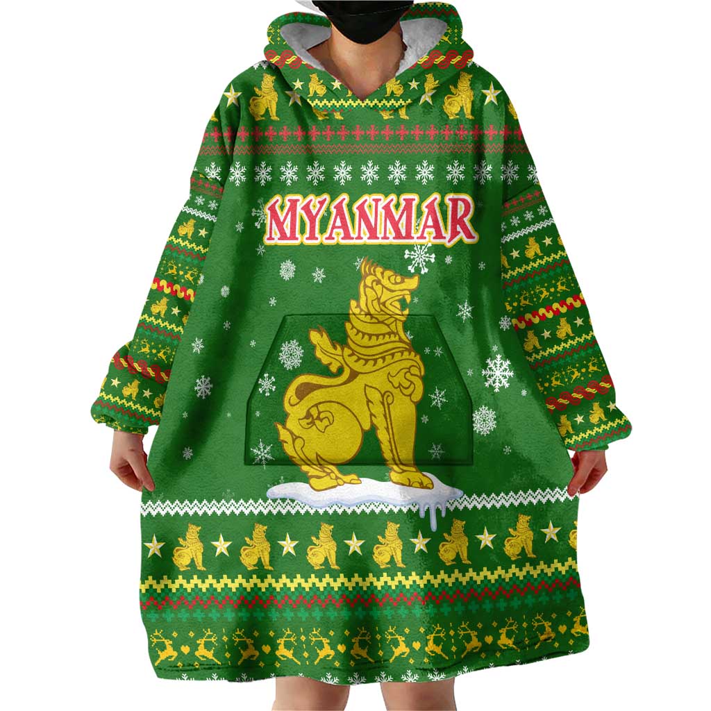 Myanmar Christmas Wearable Blanket Hoodie with Green-Gold Theme, Chinthe Lion, and Santa Motif - Wonder Print Shop