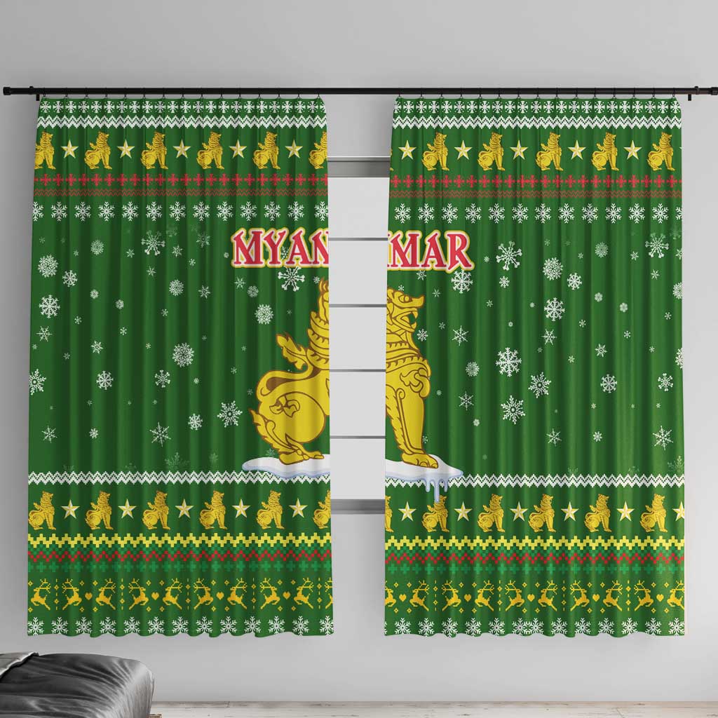 Myanmar Christmas Window Curtain with Green-Gold Theme, Chinthe Lion, and Santa Motif - Wonder Print Shop