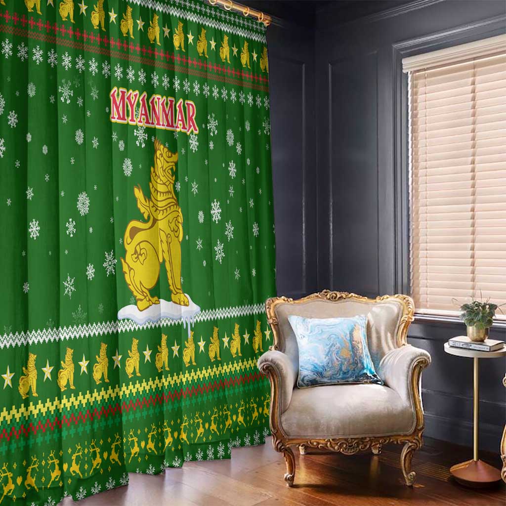 Myanmar Christmas Window Curtain with Green-Gold Theme, Chinthe Lion, and Santa Motif - Wonder Print Shop