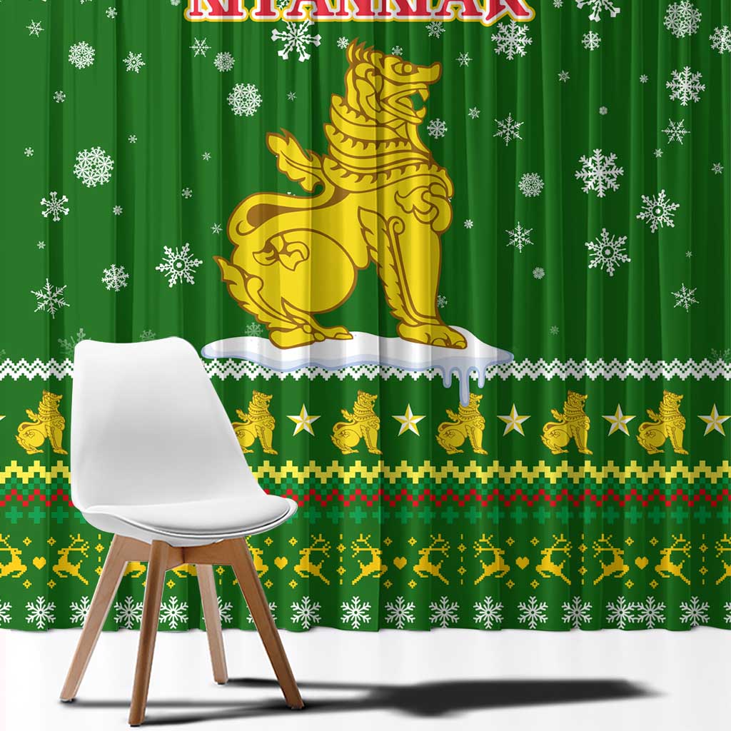 Myanmar Christmas Window Curtain with Green-Gold Theme, Chinthe Lion, and Santa Motif - Wonder Print Shop